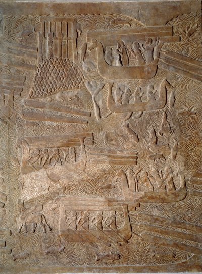 Art Mesopotamia (Assyria): gårdsplassen til palasset til kongen av Assyria Sargon II (721 - 705 f.Kr.) transport av sedertre fra Libanon. Paris, Musée du Louvre av Assyrian