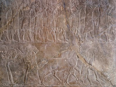 Orientalsk antikk: detalj av et bas-relieff i kalkstein: musikerne til rustningen til Assurbanipal eller Ashurbanipal, kongen av Assyria (Mesopotamia) (669 f.Kr.-627 f.Kr.). 640 f.Kr. Fra Nineve. Paris, Louvre-museet av Assyrian