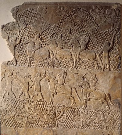 Orientalsk kunst fra antikken: kampscene. Lavt relieff av Assurbanipal-palasset, Assyria (7. århundre f.Kr.). Paris, Louvre-museet av Assyrian