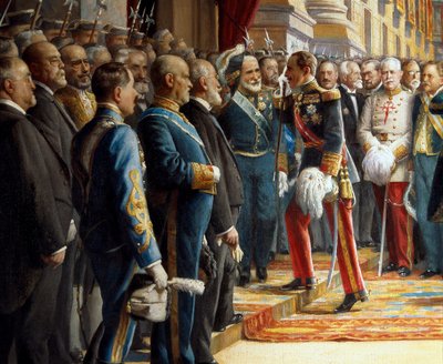 Åpningen av Cortes i senatet, detalj Alfonso XIII av Spania (1886-1941) hilser Antonio Maura y Montaner (1853-1925) når han går inn i senatet, 24. juni 1920 av Asterio Mañanós Martínez