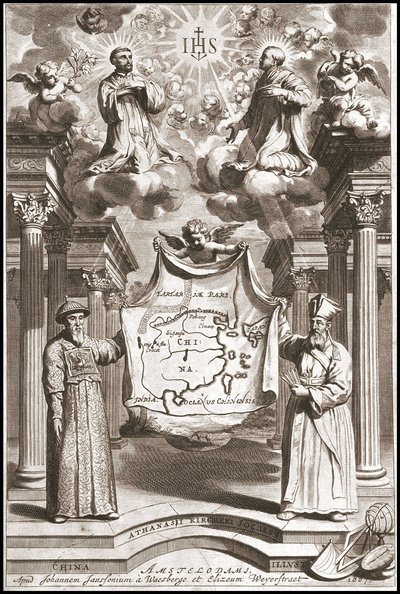 Adam Schall (til venstre) og Matteo Ricci (til høyre) i kinesisk mandarin-kostyme, frontispice av "Kina" av Athanase Kircher (eller Athanasius Kircheri) av Athanasius Kircher