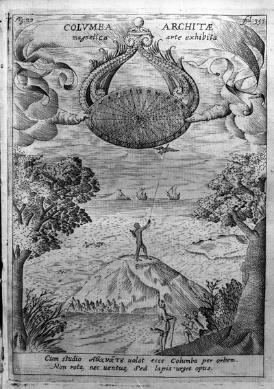 Archytas av Taranto (435-347 f.Kr.) flyr en tredue. Gravering fra "Mundus Subterraneus" av Athanasius Kircher (1601-1680), jesuite, orientalist og lærd. av Athanasius Kircher