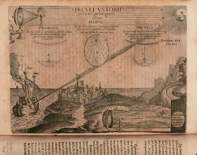 Brennende speil av Archimedes, gravering fra Ars magna lucis et umbrae (stor kunst av lys og skygge), av Athanasius Kircher (1602-1680), Roma av Athanasius Kircher