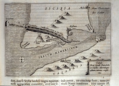 Kartografisk representasjon av Charybde"" og "Scylla"" i Detroit of Messina, Sicilia""" Gravering fra "Mundus Subterraneus"" av Athanasius Kircher (1601-1680), jesuite, orientalist og lærd 1682 av Athanasius Kircher