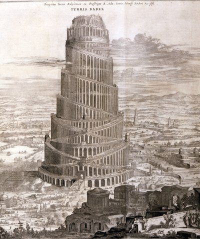 Babelstårnet. Rekonstruksjon av Athanasius Kirche i hans verk "Turris Babel" om denne tårnkonstruksjonen og historien til den tidlige menneskeheten. av Athanasius Kircher