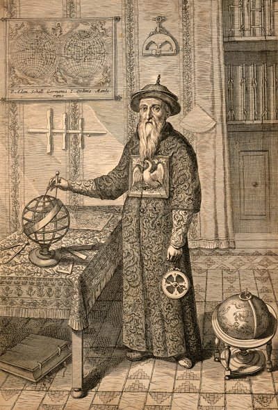 Jesuitt Johann Adam Schall von Bell (1591-1666), forgjenger til Ferdinand Verbiest, astronom ved hoffet til Ming-dynastiet i Nanjing, iført mandarindrakt, fra Kina monumentis av Athanasius Kircher