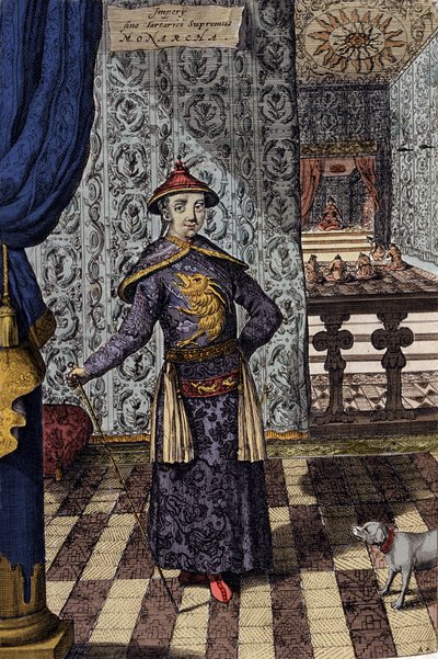Den kinesiske keiseren og øverste hersker over tartarene - Kinesisk keiser Kangxi (1652-1722) Qing-dynastiet, gravering av Athanasius Kircher (1601-1680) fra "" China Monumentis, qua sacris qua profanis""" 1667 - Kinesisk keiser (1 av Athanasius Kircher