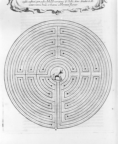 Labyrinten av Cnossos designet av Dedale - I sentrum er minotauren - "Turris Babel" av Athanase Kircher - Amsterdam av Athanasius Kircher