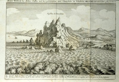 Utsikt over bergartene "" Charybde"" og "" Scylla"" i Detroit of Messina, Sicilia""" Gravering fra "" Mundus Subterraneus"" av Athanasius Kircher (1601-1680), jesuite, orientalist o av Athanasius Kircher
