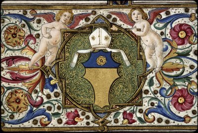 Thomas James Missal: detalj av sponsorens våpenskjold, quot;Eller, en høvdingasurblå ladet med en rose ellerquot;. av Attavante degli Attavanti