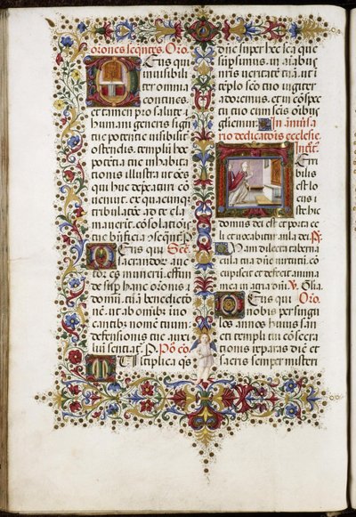 Thomas James Missal: side med to initialer: et alter og innvielsen av en kirke. av Attavante degli Attavanti