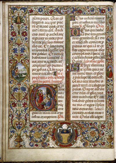Thomas James Missal: side én initialer: tilbedelsen av de vise menn og en medaljong i margen: bebudelsens hyrder. av Attavante degli Attavanti