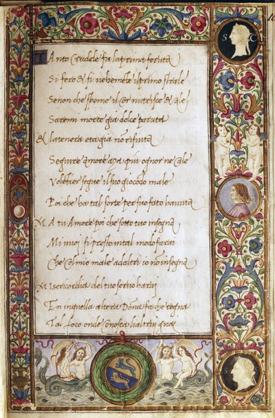 Side fra manuskriptet #39;Il canzoniere#39; av Francesco Petrarca (Petrarca) (1304–1374) illuminert av Attavante dei Attavanti (1452–1525) (ms. cl.VIII.684) 1400-tallet Mål 19 x 12,7 cm Firenze, Nasjonalbiblioteket av Attavante di Gabriello di Vanti di Bartolo