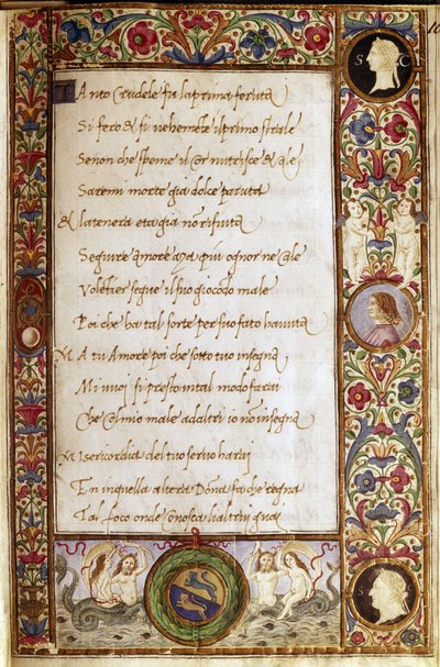 Side fra manuskriptet til #39;Il Canzoniere#39; av Francesco Petrarca (1304-1374). Miniatyr av Attavante degli Attavanti (1452-1525), Biblioteca Nazionale, Firenze av Attavante di Gabriello di Vanti di Bartolo