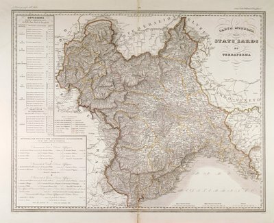 Sardinske stater på fastlandet. Kart av Attilio Zuccagni-Orlandini, hentet fra Geographic Atlas of Italian States, Firenze, gravering på kobber av Attilio Zuccagni Orlandini