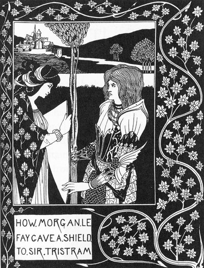 Arthurian Legend: "" Gebyret Morgane gir et skjold til Tristan""" Gravering i "Historien om Tristan og hans eventyr, som inkluderer kjærlighetshistorien hans med Isolde"" "The Morte of Arthur"" av Sir Thomas Malory, utgave illustrert av Aubrey ga Beardsley av Aubrey Beardsley
