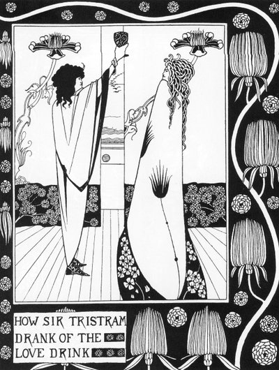 Arthurian Legend: "" Tristan drinking the love philtre""" Gravering i "" Historien om Tristan og hans eventyr, som inkluderer hans kjærlighetshistorie med Isolde"""" fra Sir Thomas Malory, utgave illustrert av Aubrey Beardsley (1872-1898) ) 1893-1894 (Arth av Aubrey Beardsley