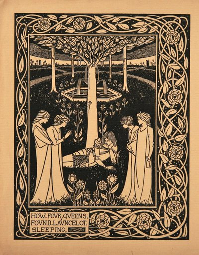 Hvordan fire dronninger fant Lancelot sovende. Illustrasjon til boken Le Morte dArthur av Sir Thomas av Aubrey Beardsley