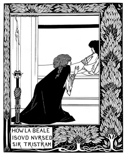 Hvordan La Beale Isoud ammet Sir Tristram. Illustrasjon til boken Le Morte dArthur av Sir Thomas M av Aubrey Beardsley