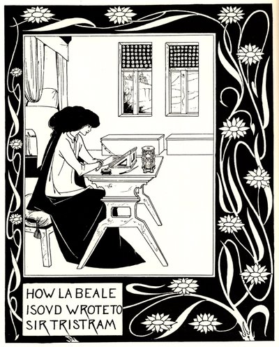 Hvordan La Beale Isoud skrev til Sir Tristram. Illustrasjon til boken Le Morte dArthur av Sir Thomas av Aubrey Beardsley