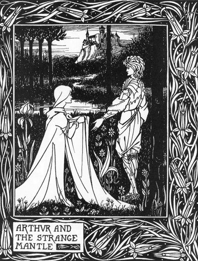Kong Arthur mottar besøk av en ung jente sendt av gebyret Morgane (Kong Arthur og den merkelige mantelen sendt av Morgan the fay) Illustrasjon av Aubrey Beardsley (1872-1898) fra Thomas Malorys "The Death of Arthur" av Aubrey Beardsley