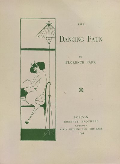 The Dancing Faun, dekorert bokpapir for 'The Dancing Faun' av Florence Parr. Bilde tatt fra: 20 miniatyrplakater tegnet av Aubrey Beardsley. Representerer titteldesignene til "Keynotes Series".. Publisert av Roberts Bros: Boston av Aubrey Beardsley