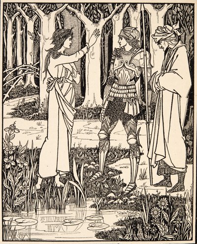 Fruen fra innsjøen forteller Arthur om sverdet Excalibur, 1894 (gravering) av Aubrey Beardsley
