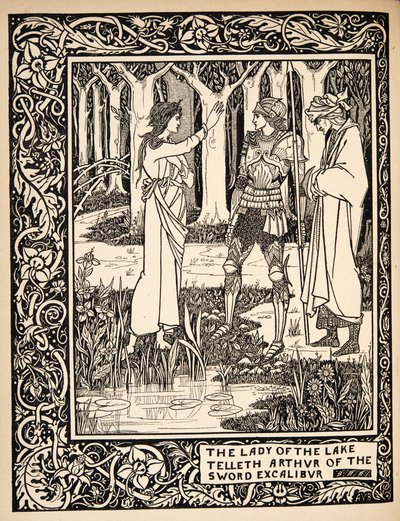 Fruen fra innsjøen forteller Arthur om sverdet Excalibur av Aubrey Beardsley