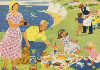 En piknik (fargelitho) av Audrey Brunton