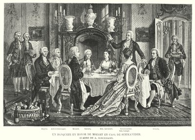 En bankett til ære for Mozart i Schikaneders hus (litho) av August (after) Borckmann