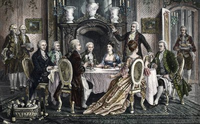 Middag hjemme hos Emanuel Schikaneders for Wolfgang Amadeus Mozart av August (after) Borckmann
