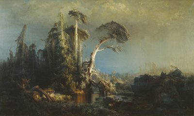 Døende urskog i røft vær (etter stormen) (olje på lerret) av August Cappelen