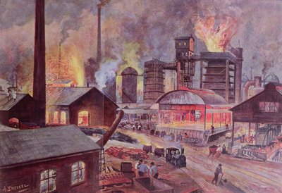 Fabrikk med masovn, fra en serie bøker om LUnivers et lHumanite av H. Kraemer, utgitt i Paris på slutten av 1800-tallet (fargegravering) av August Dressel
