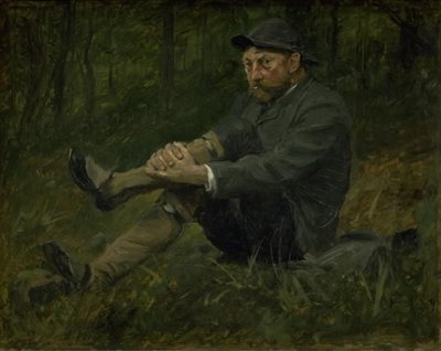 Arkitekten Thorvald Bindesbøll i en granskog på Kullen av August Jerndorff