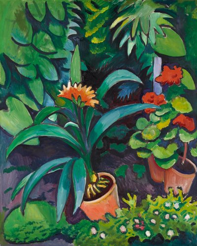 Blomster i hagen, kliviaer og pelargonier av August Macke