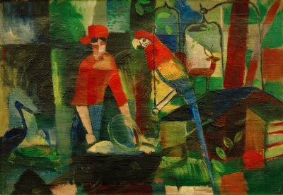 Kvinne med en papegøye i et landskap av August Macke