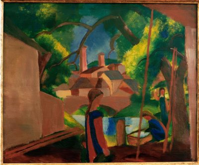 Barn ved fontenen med byen i bakgrunnen av August Macke