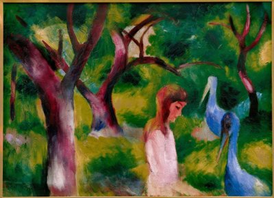 Jente med blå fugler av August Macke