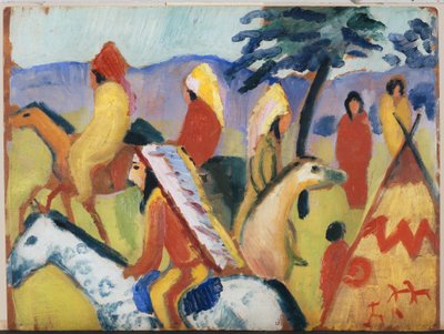 Indianere som rir ved teltet av August Macke