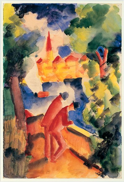 To menn arm på rekkverket med utsikt over en innsjø 1914 (akvarell) av August Macke