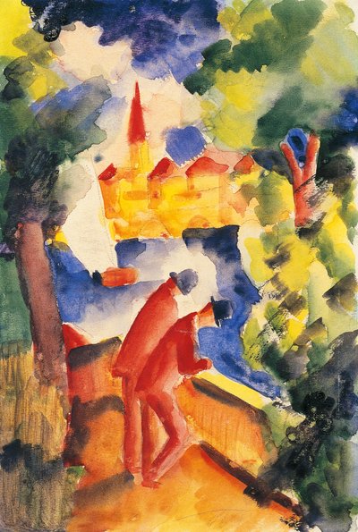 To menn arm på rekkverket med utsikt over en innsjø 1914 (akvarell) av August Macke
