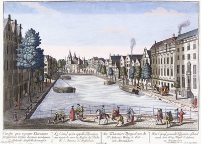 Vue av Kleveniers Canal, Amsterdam, ca. 1740-1770 (håndfarget gravering) av August Vindel