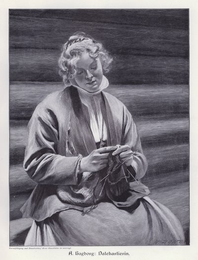 Portrett av en kvinne som strikker (gravering) av August Wilhelm Nikolaus Hagborg
