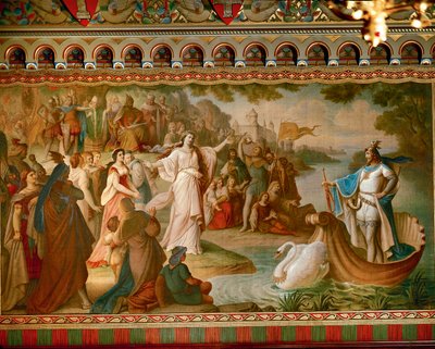 Ankomsten av Lohengrin til Antwerpen, fra Lohengrin Saga, Salon, ca. 1882-83 (olje på lerret) (se også 419255) av August von Heckel
