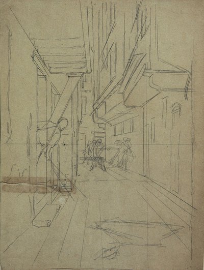 Perspektivskisse for "Street Fight in a Venetian Alley" av August von Pettenkofen