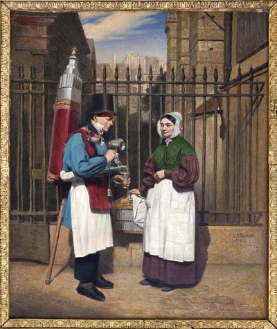 Kokosnøtthandleren (forfriskende drink smaksatt med lakris) og dens pittoreske fontene var blant de kjente figurene i den parisiske gaten på 1800- og begynnelsen av 1900-tallet. Maleri av Augusta Le Baron Desves (1804-?), olje på lerret av Augusta Le Baron Desves