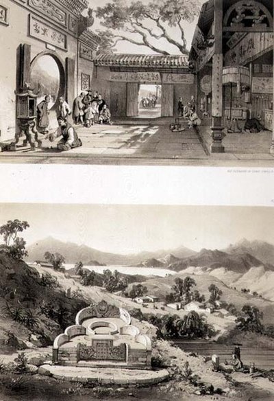 Innvendig utsikt over det store tempelet i Macao og en grav og landsby mellom buktene i Hong Kong og Cowloon, plate 8 og 7 fra 