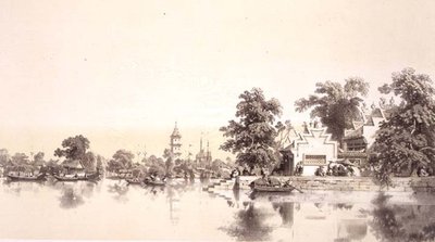 Temple, Pagoda and Village på Macao-Canton Canal, plate 22 fra 