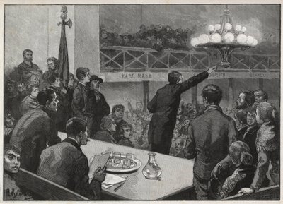 Møte for streiken ved Vooruit i 1885 - gravering i 1885 "Le monde illustrious" - tegning av Gerardin av Auguste (after) Gerardin