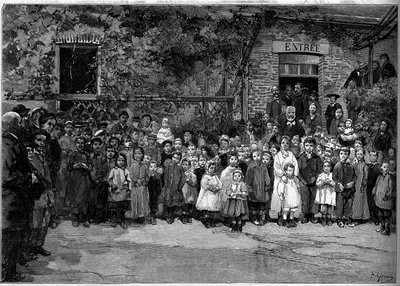 Victor Hugo (1802-1885) with the poor children of Veules en Caux (Veules-en-Caux) to whom he offered a banquet on 24 September 1882. Engraving by Gerardin in in “” Le Monde Illustré”” n°1333 of 14 October 1882. av Auguste (after) Gerardin